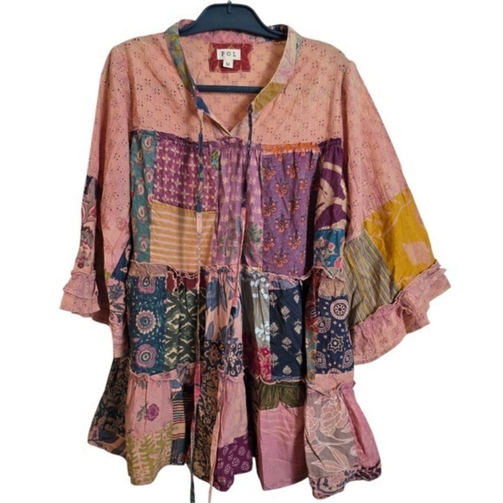 POL Womens Patchwork Eyelet Tunic Top Multi Color Bell Sleeve Cotton Medium - Picture 3 of 15
